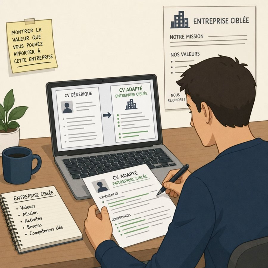 Personne adaptant son CV générique en CV ciblé pour une entreprise précise
