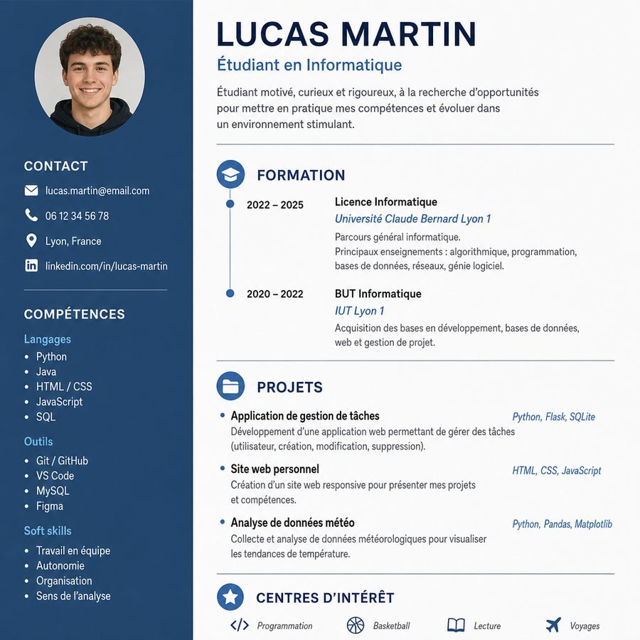 Exemple de CV étudiant en informatique : formation, projets, compétences et centres d'intérêt