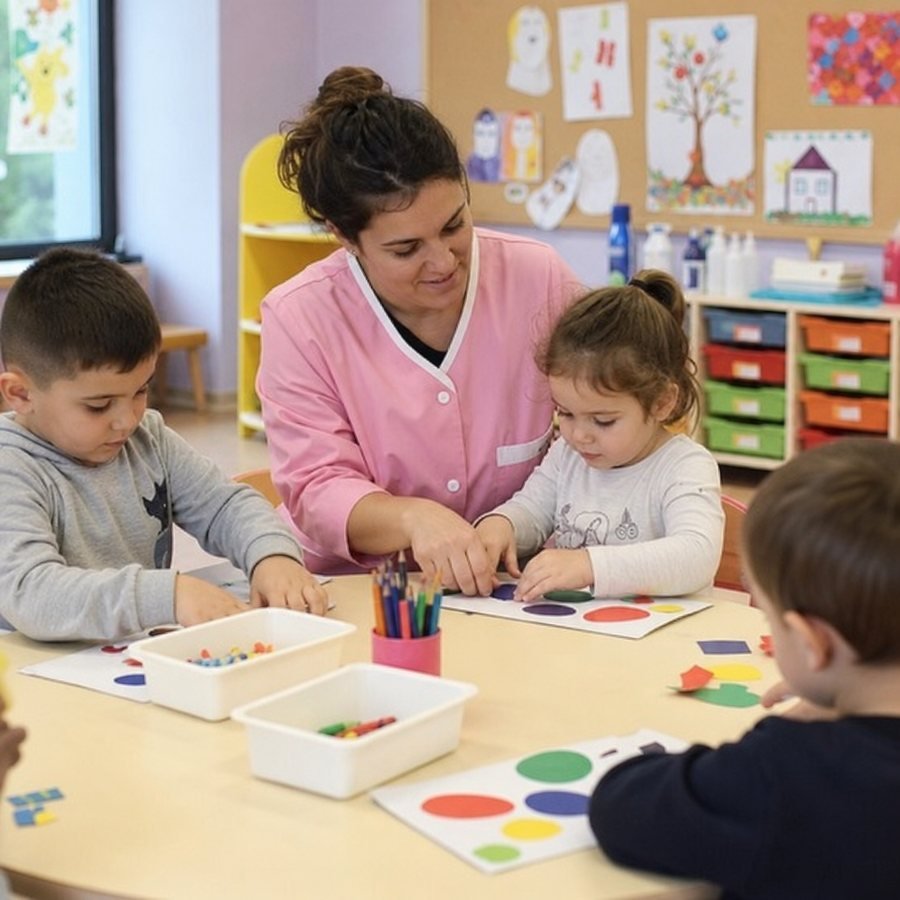 ATSEM aidant des enfants pendant un atelier de formes et de couleurs en classe maternelle