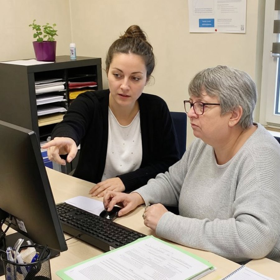 Agent administratif accompagnant une personne devant un ordinateur
