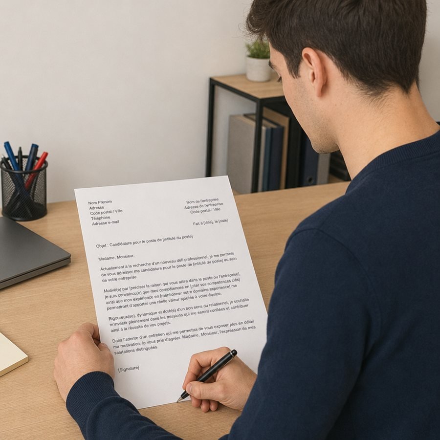 Candidat rédigeant une lettre de motivation à son bureau, avec un modèle rempli de formules toutes faites