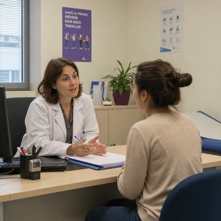 Médecin du travail échangeant avec une salariée lors d'une visite, dans un bureau de consultation