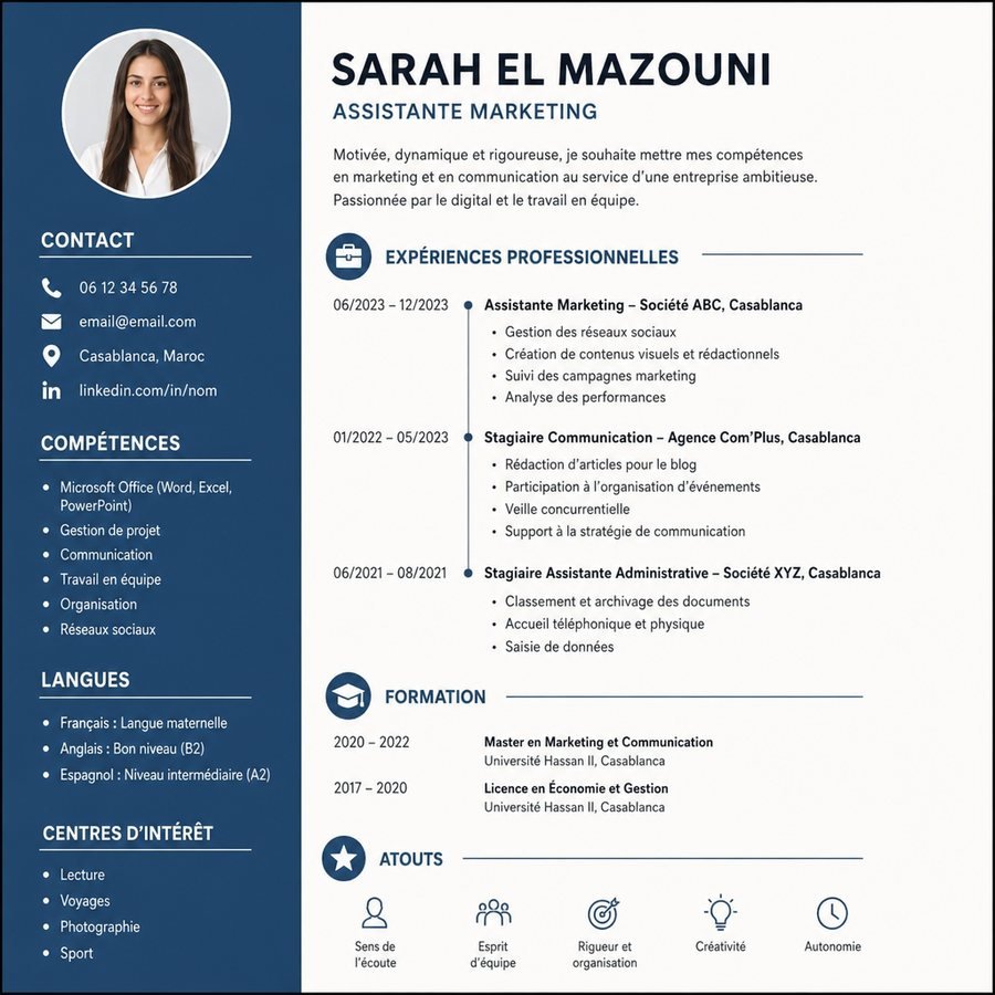 Exemple de CV en deux colonnes avec photo, expériences, formation et compétences