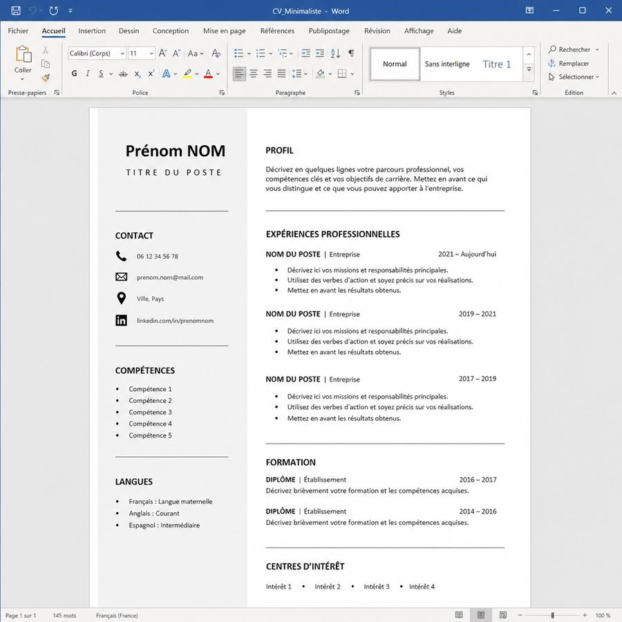 Modèle de CV minimaliste ouvert dans Word, avec profil, expériences, formation et compétences