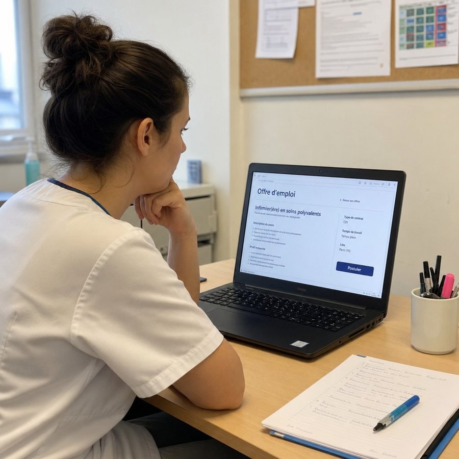 Infirmière consultant une offre d'emploi d'infirmier en soins polyvalents sur ordinateur
