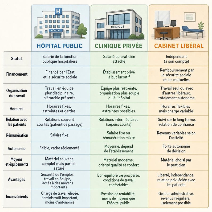 Comparaison hôpital public, clinique privée et cabinet libéral : statut, horaires, rémunération, autonomie