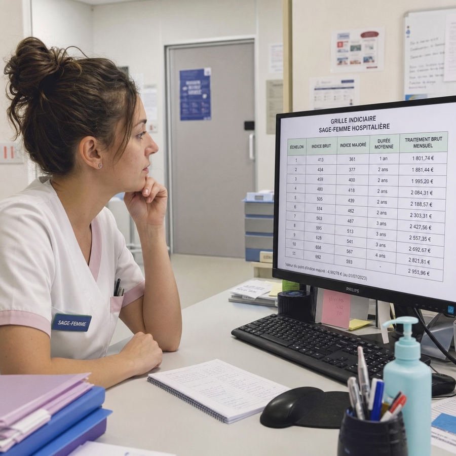 Sage-femme hospitalière consultant une grille indiciaire à l'écran de son poste de travail