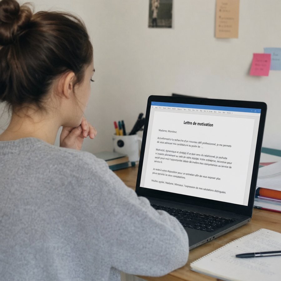 Candidate relisant une lettre de motivation construite sur un modèle à personnaliser